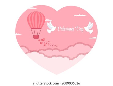 Happy Valentine's Day Flat Design Illustration Which is Commemorated on February 17 with Teddy Bear, Air Balloon and Gift for Love Greeting Card