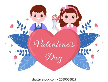 Happy Valentine's Day Flat Design Illustration Which is Commemorated on February 17 with Teddy Bear, Chocolate and Couple for Love Greeting Card
