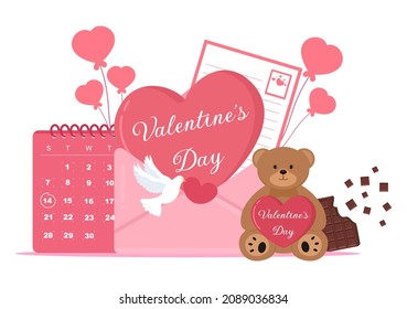 Feliz Día de San Valentín Ilustración de diseño plano que se conmemora el 17 de febrero con Oso de peluche, chocolate y regalo para tarjeta de felicitación de amor