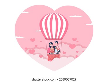 Happy Valentine's Day Flat Design Illustration Which is Commemorated on February 17 with Teddy Bear, Air Balloon and Gift for Love Greeting Card
