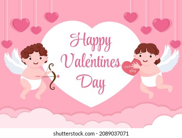 Happy Valentine's Day Flat Design Illustration Which is Commemorated on February 17 with Cute Cupid, Angels on Clouds for Love Greeting Card