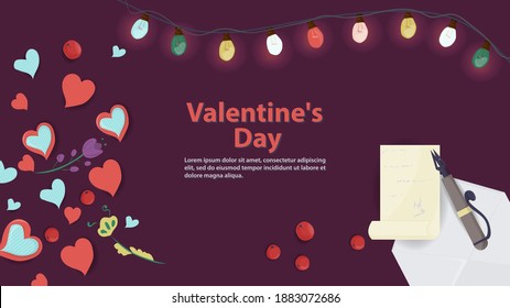 Happy Valentines day, flat illustration banner for holiday design, purple background lettering congratulations with a place for text, hearts envelope with a letter with a garland