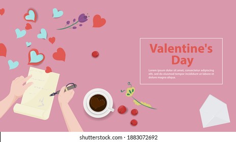 Happy Valentines day, flat illustration banner for holiday design, on a pink background the inscription congratulations with a place for text, hands write a Valentine on paper
