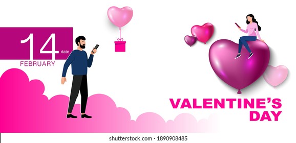 Feliz Día de San Valentín, afiche plano. Un muchacho le envió un globo de regalo a una chica por teléfono. Diseño de marketing para eventos de vacaciones con globos de helio rosado, corazones sobre fondo blanco. Vector, aplicación móvil