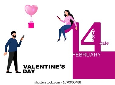 Feliz Día de San Valentín, afiche plano. 14 de febrero. El muchacho mandó un globo de helio rosa regalo, corazones a la chica por teléfono, números. Diseño de marketing para eventos de vacaciones. Fondo blanco. Vector