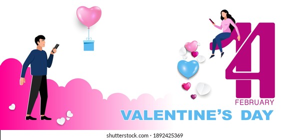 Feliz Día de San Valentín, afiche plano. 14 de febrero, números. El muchacho envió un regalo a un globo de helio rosado, corazones a la chica por teléfono. Diseño de marketing para eventos de vacaciones. Fondo blanco, vector