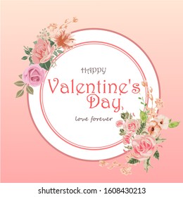 Happy Valentine's Day floral card letter /Flowers in bloom on pink background. For Valentine's day, Mother's and birthday greeting card design.