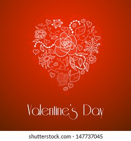 Happy Valentine's Day, floral doodle heart, made of different flowers, leaves and ladybug, on red background, vintage style, vector illustration