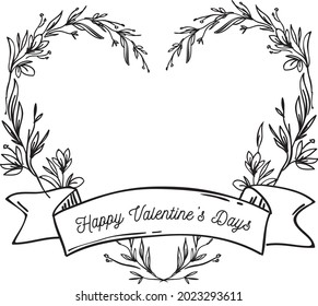 Happy Valentine's Day, floral flower foliage frame, heart shape banner, vector valentine card	