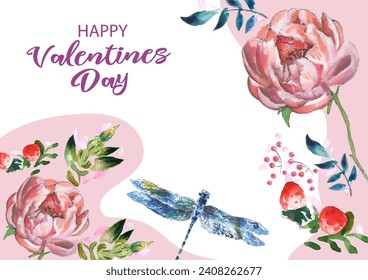 Happy Valentine's Day. Floral frame in watercolor painting style.
