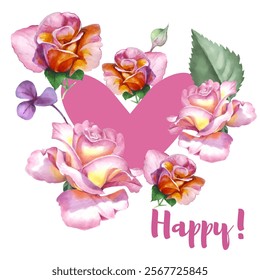 Happy Valentine's Day. Floral frame in watercolor painting style.
