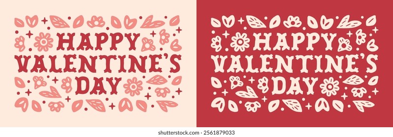 Happy Valentine's Day floral lettering card pink and red preppy coquette girly cottagecore retro vintage 80s cowgirl country aesthetic. Cute flowers decor shirt design printable text quotes message.