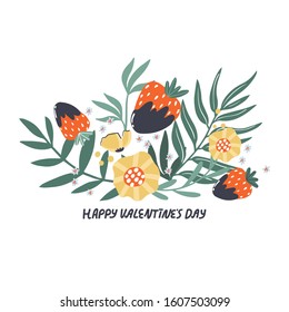 Happy Valentine's Day flower composition. Romantic hand drawn vector with floral elements and strawberry is great for invitations, greeting cards, print, flyers.