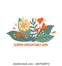 Happy Valentine's Day flower composition. Romantic hand drawn vector with floral elements is great for  invitations, greeting cards, print, flyers.