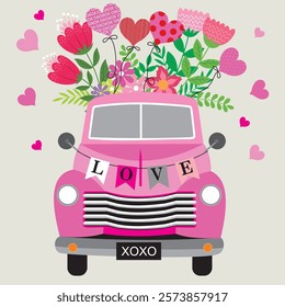 Happy Valentine's day with flowers and hearts on pink car