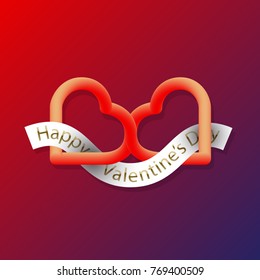 Happy Valentines Day fluid 3d symbol of two connected hearts with ribbon. Creative emblem for greeting card design.