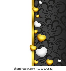 Happy Valentine's day flyer, black background, Golden hearts, vintage