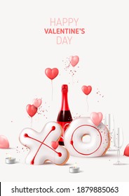 Happy Valentine's Day flyer. Holiday background with champagne bottle, glasses, balloons, tea candles, realistic XO cookies, confetti. Vector illustration with 3d render object for Valentine's Day.