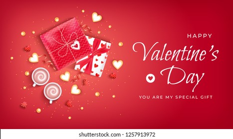 Happy Valentine's Day Flyer, Horizontal Web Banner Background with lollipops, gift boxes, heart shaped cookies, coffee cups, serpentine, confetti. On red background Vector Illustration - Shutterstock ID 1257913972