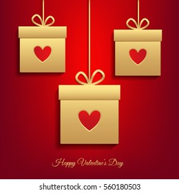 Happy Valentine's day flyer. Valentine's day illustration, greeting card, poster. Gifts, presents with hearts. Red vector background.