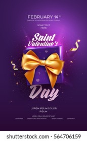 Happy Valentine's Day flyer or poster. Top view on gift box and bow with beautiful backdrop. Vector illustration