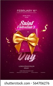 Happy Valentine's Day flyer or poster. Top view on gift box and bow with beautiful backdrop. Vector illustration