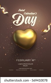 Happy Valentine's Day flyer or poster. Top view on golden heart with beautiful backdrop. Vector illustration