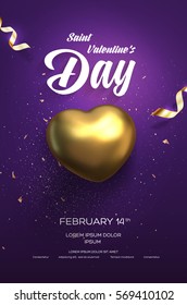 Happy Valentine's Day flyer or poster. Top view on golden heart with beautiful backdrop. Vector illustration