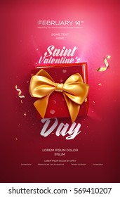 Happy Valentine's Day flyer or poster. Top view on gift box and bow with beautiful backdrop. Vector illustration