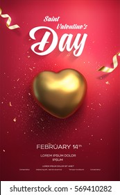 Happy Valentine's Day Flyer Or Poster. Top View On Golden Heart With Beautiful Backdrop. Vector Illustration