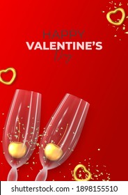 Happy Valentine's Day flyer. Top view on realistic champagne glasses, gold cherries, hearts and confetti on red background. Vector illustration with decorative objects for Valentine's Day.