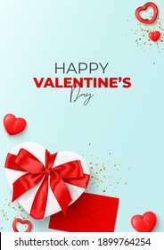 Happy Valentine's Day flyer. Top view on realistic gift box with red satin bow, closed envelope, red hearts and gold confetti. Vector illustration with  decorative objects for Valentine's Day.