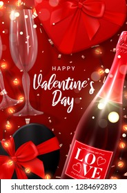 Happy Valentine's Day flyer. Vector illustration with shining lights garland, realistic glasses and bottle of champagne, gift boxes and sparkling golden confetti. Holiday background, festive card.