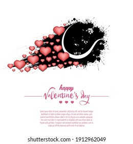 Happy Valentines Day. Flying abstract tennis ball made from blots and hearts by milky way. Grunge style. Pattern for banner, poster, greeting card, party invitation. Vector illustration