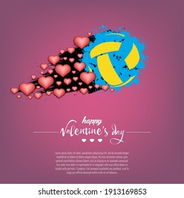Happy Valentines Day. Flying abstract volleyball ball made from blots and hearts by milky way. Grunge style. Pattern for banner, poster, greeting card, party invitation. Vector illustration