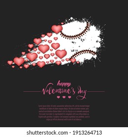 Happy Valentines Day. Flying abstract baseball ball made from blots and hearts by milky way. Grunge style. Pattern for banner, poster, greeting card, party invitation. Vector illustration