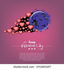 Happy Valentines Day. Flying abstract bowling ball made from blots and hearts by milky way. Grunge style. Pattern for banner, poster, greeting card, party invitation. Vector illustration