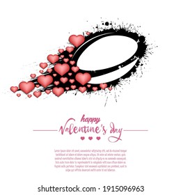 Happy Valentines Day. Flying abstract rugby ball made from blots and hearts by milky way. Grunge style. Pattern for banner, poster, greeting card, party invitation. Vector illustration