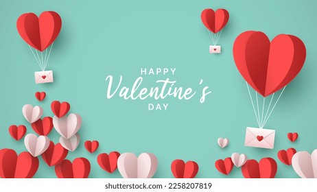 Happy Valentine's Day. Flying balloon hearts with envelope postcard. Creative vector design for Women's, Mother's, Valentine's Day and Birthday greeting card template