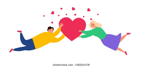 happy valentines day flying  couple man and woman with red hearts vector illustration