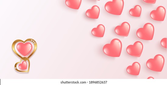 Happy Valentines Day. Flying gel pink balloons. Horizontal banner with place for text. For happy birthday, International Women's Day.   Vector illustration