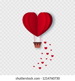 Happy valentines day flying heart. Paper cut red heart shape hot air balloon. Isolated. Vector