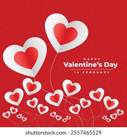 Happy Valentines Day and Flying Paper Hearts Red Design
