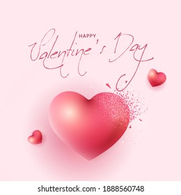 Happy Valentine's Day Font With 3D Dispersion Effect Heart On Pink Background.