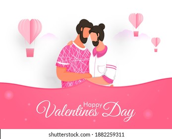 Happy Valentine's Day Font With Cartoon Gay Couple Embracing, Paper Cut Hot Air Balloons On Pink And White Background.