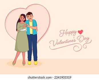 Happy Valentine's Day Font With Cheerful Young Couple Making A Heart From Their Hands On Light Peach Background.