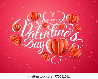 Happy Valentine's day. Font composition with paper red hearts isolated on red background. Vector beautiful Holiday romantic illustration. Paper craft style. Wallpaper, flyer,invitation,poster,banner.