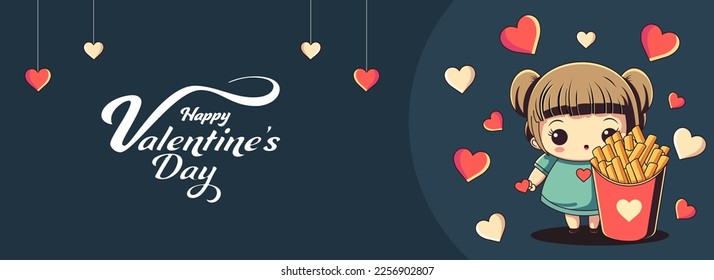 Happy Valentine's Day Font With Cute Girl Character, French Fries Box And Heart Shapes Decorated On Dark Teal Background.