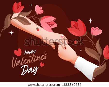 Happy Valentine's Day Font With Engaged Or Proposal Couple Hands And Floral Decorated On Brown Background. 