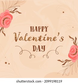 Happy Valentine's Day Font With Floral Decorated On Beige Fluid Art Background.